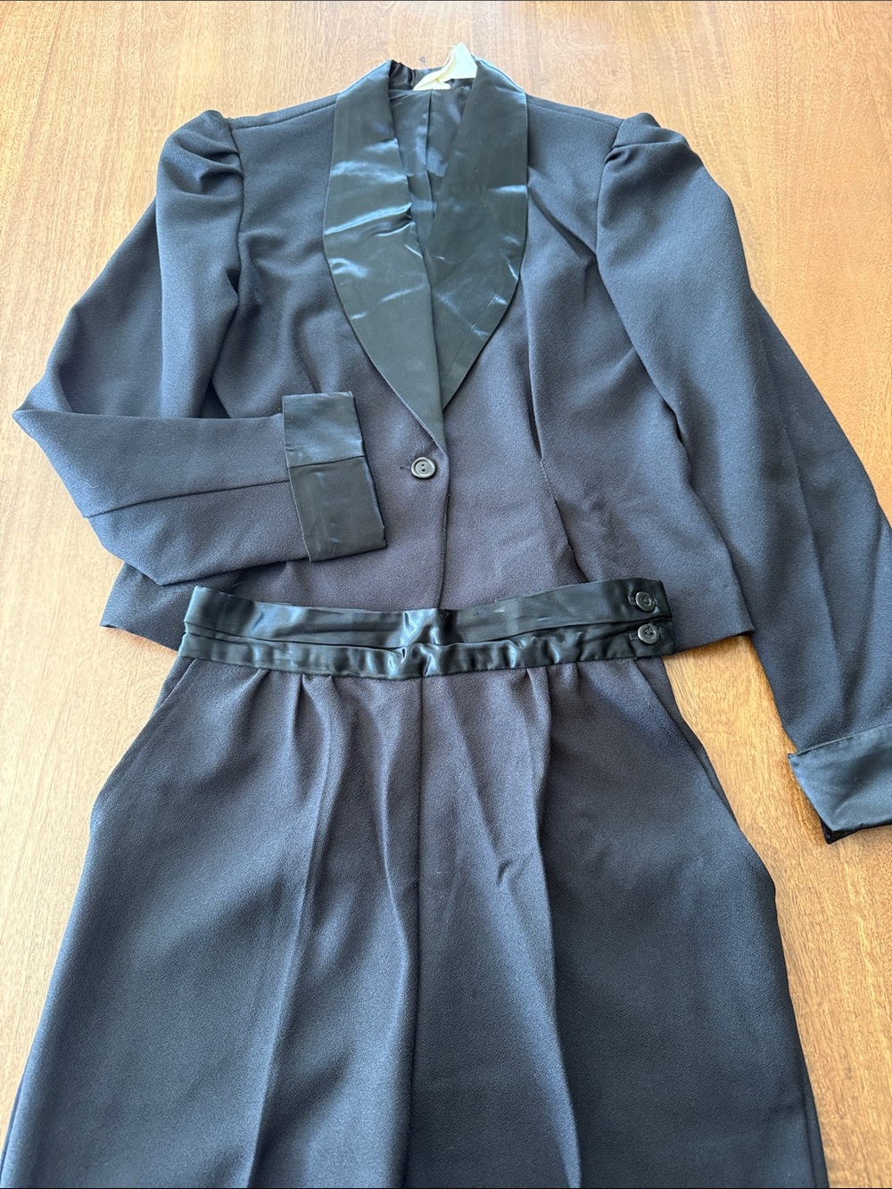 Black Satin-Trim Two-Piece Jacket and Pants Set
